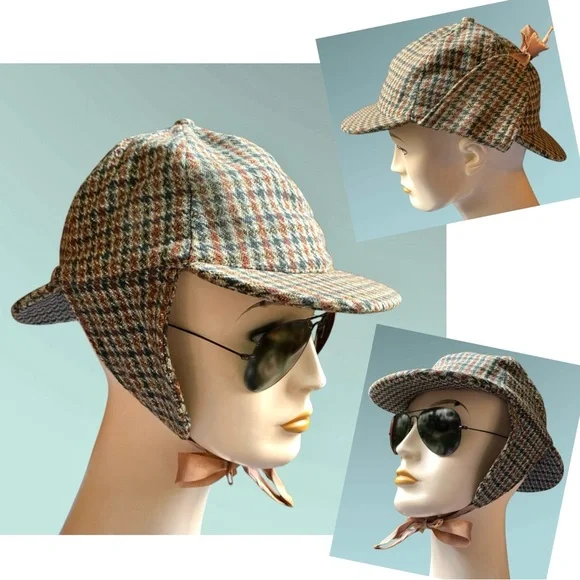 v i n t a g e :: British Wool Sherlock Deerstalker Hat Ear Flaps Scottish Tweed Deerstalker Hat, Macdonalds of Oban Wool  main image 3